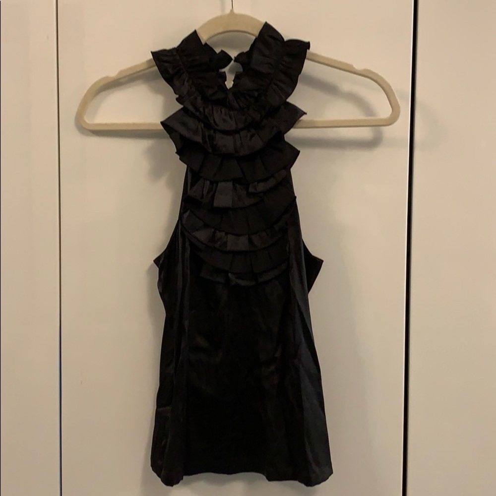 Black silk blouse with ruffled collar